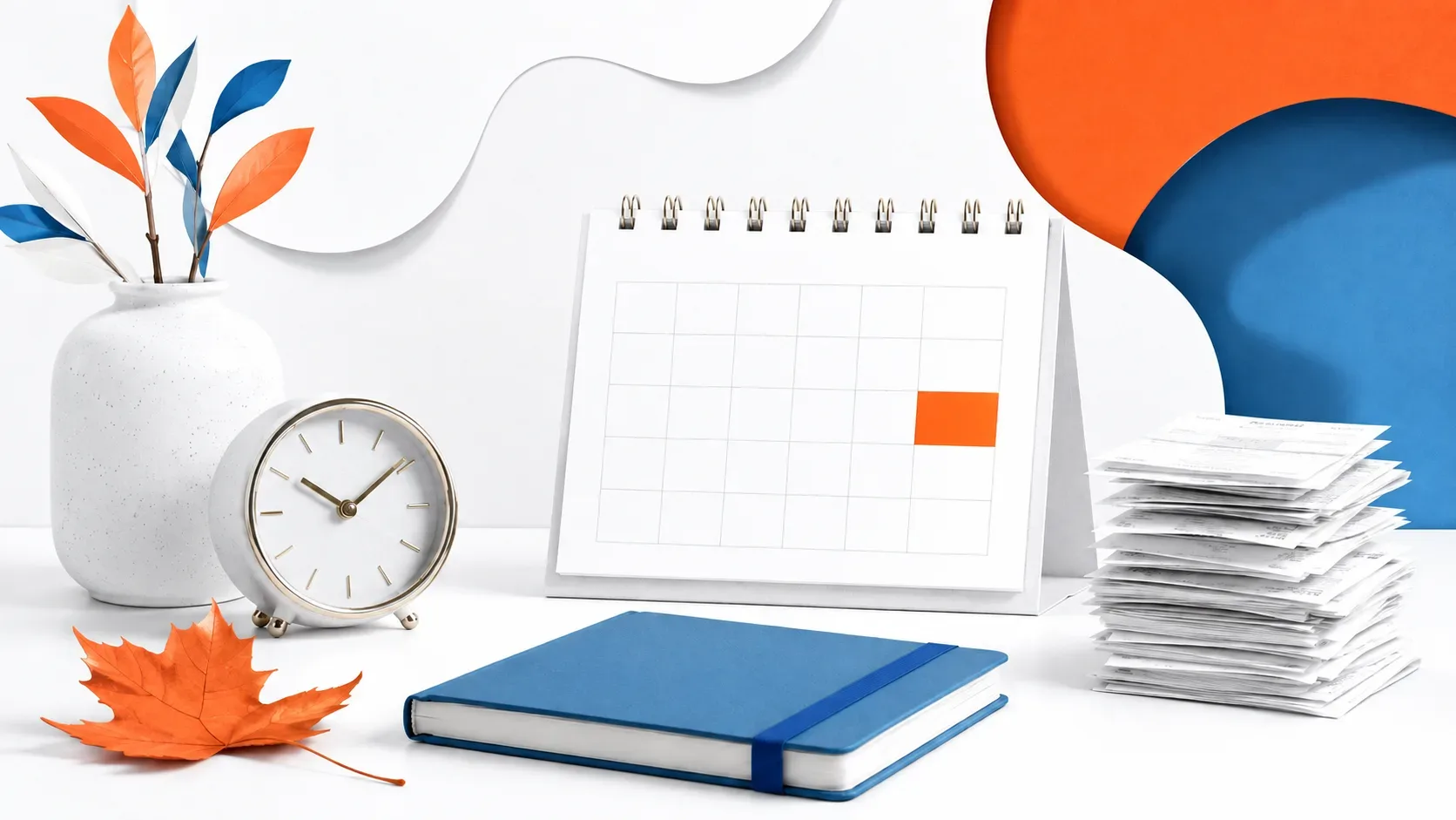 An abstract autumn calendar and organised business records.