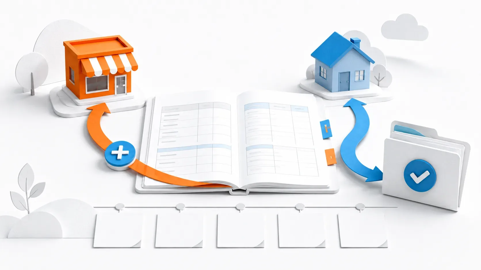 A ledger linking a shop, rental property and folders to illustrate changes in income sources.