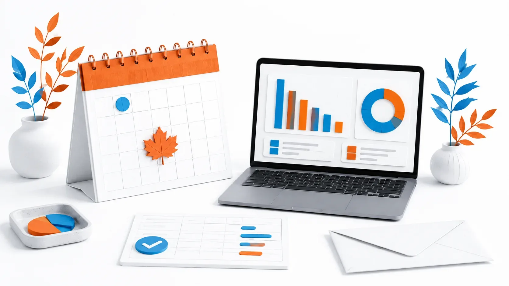 Calendar, laptop and organised digital tax records in orange and blue.