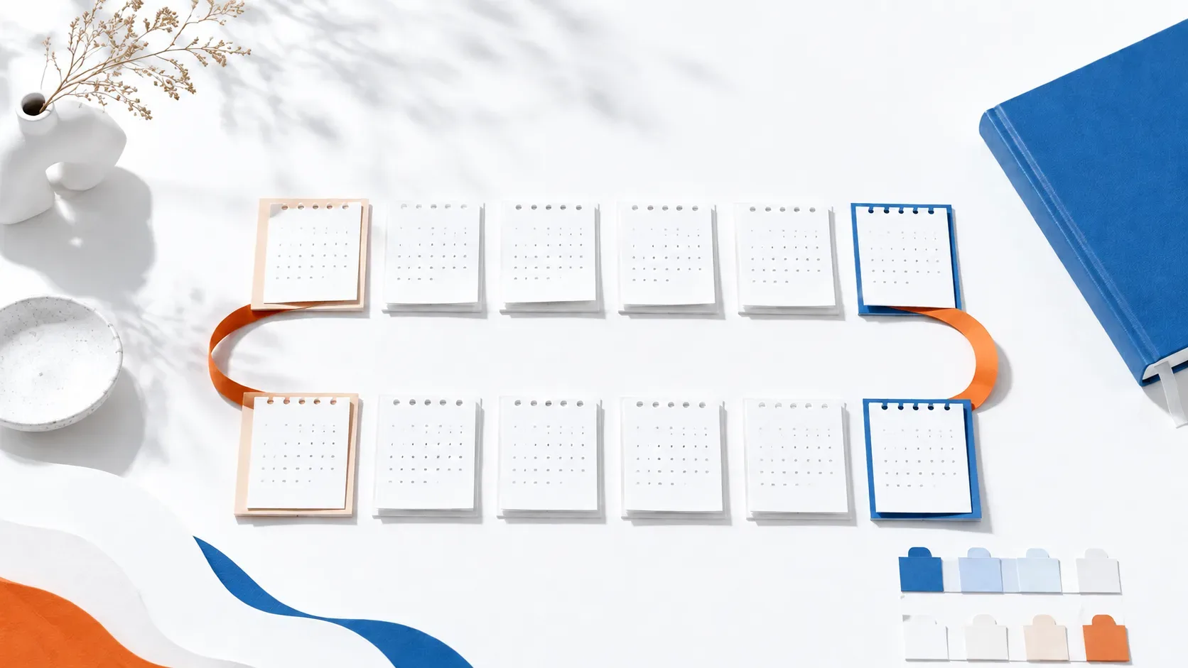 Two aligned calendar pages and a tidy digital ledger.